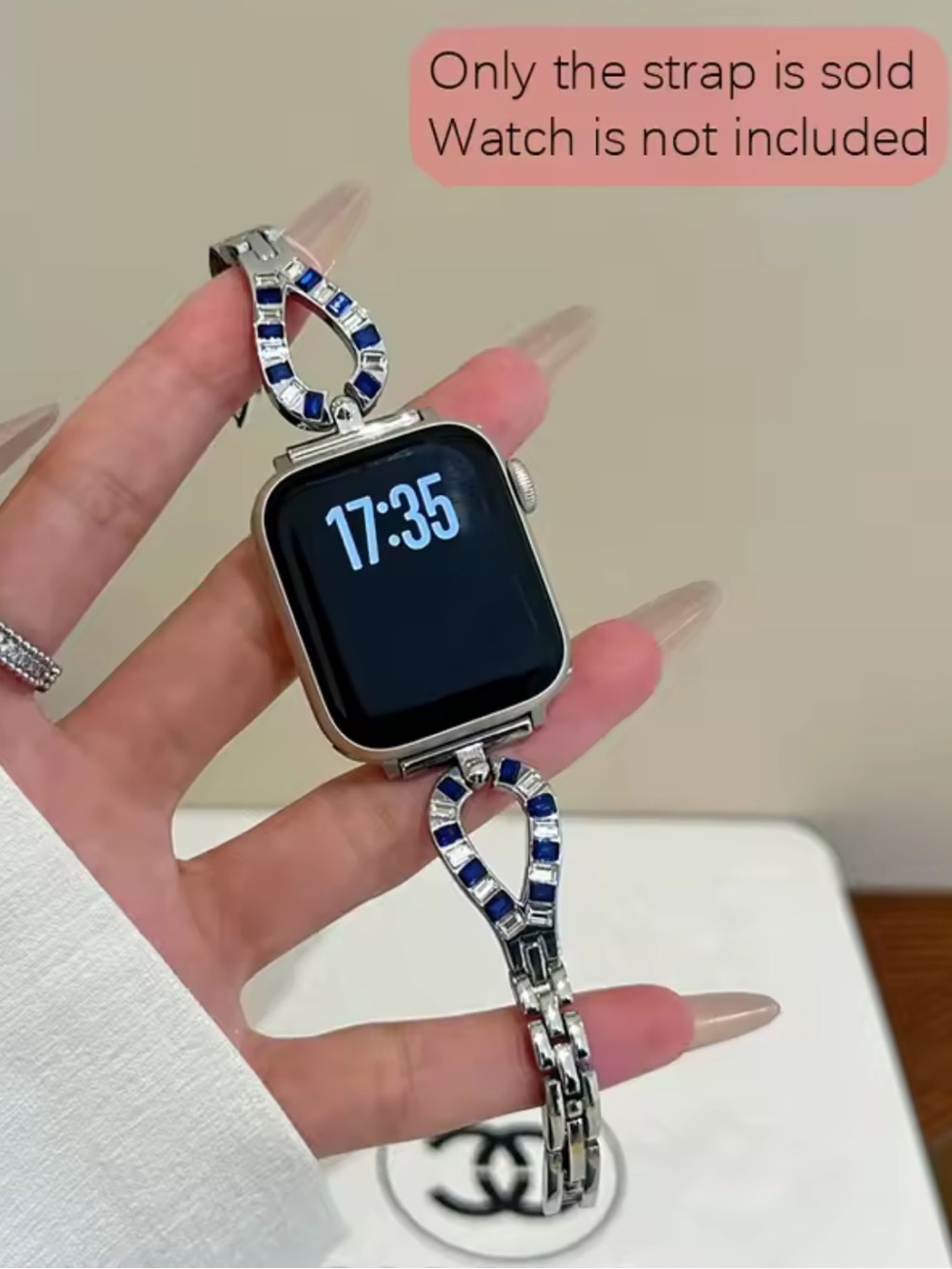Silver Watch Strap Bracelet with Blue Crystal Accents for Smartwatch 38-49mm